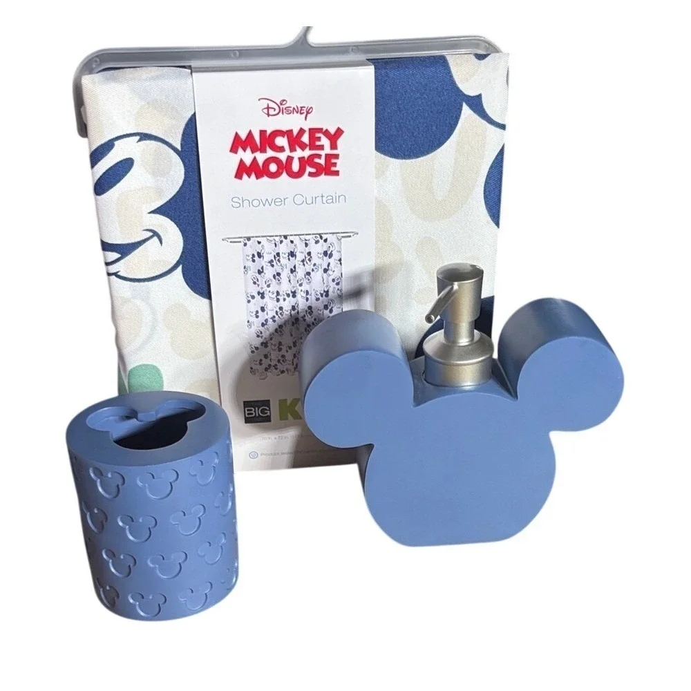 Disney Mickey Mouse Bathroom Set: Shower Curtain Brush Holder Soap Dispenser NEW